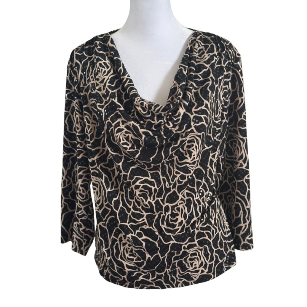 MSK Black Beige Floral Sequin Cowl Neck Top